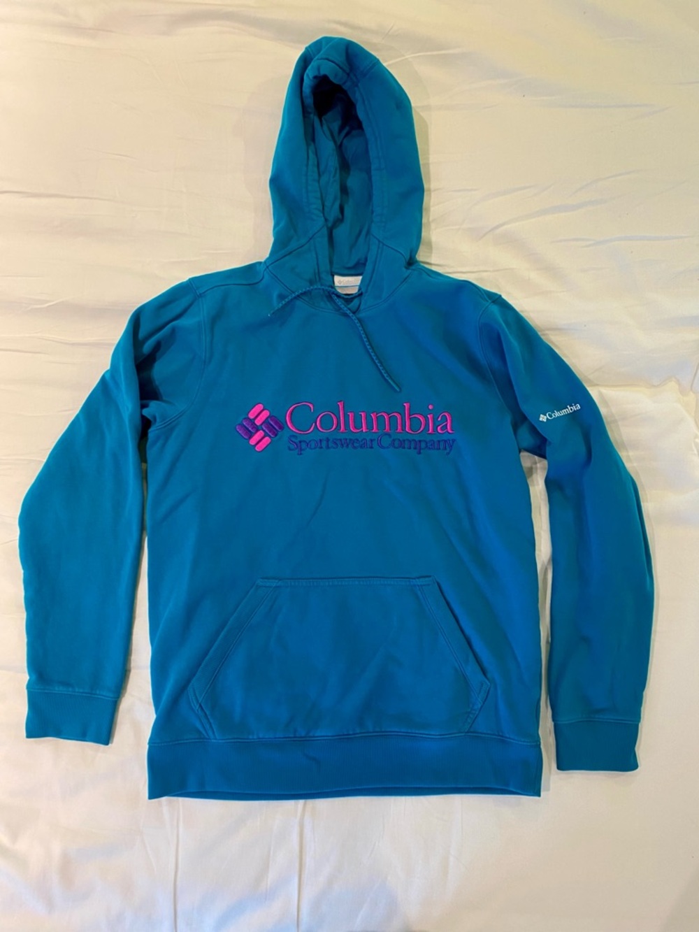 Columbia Blue Teal Hoodie with Pink Logo